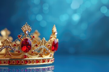 Obraz premium Gold Crown with Ruby on Blue Background