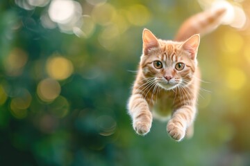 Obraz premium Happy Red Tabby Cat Leaping in Air Against Bright Green Canvas