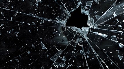 Broken shattered glass isolated on black background, broken glass texture