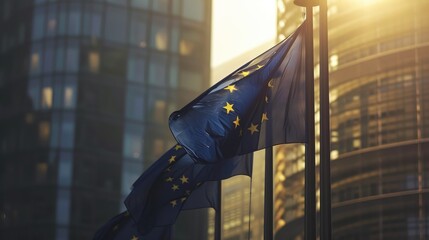 EU Institutional Flag Waving in Cityscape