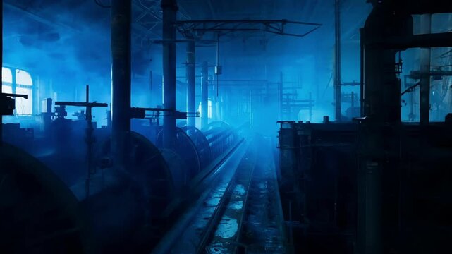 Eerie blue lights illuminate a labyrinth of pipes and machinery in the cold dark interior of the steel mill.