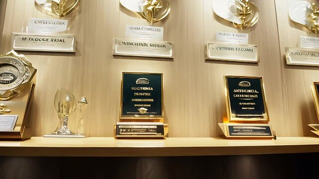 Awards and Trophies Displayed on Wooden Shelf