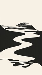 Fototapeta premium Abstract Landscape with Curved River and Mountain Silhouette