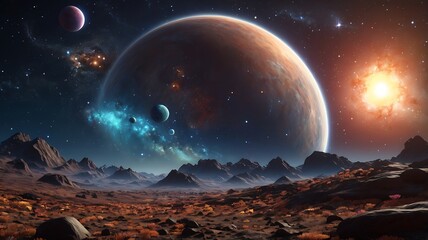 Title Majestic cosmic landscape with mountains, river, planets, stars, nebula, and glowing sky. Perfect for inspirational and surreal designs.