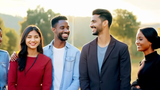 Group of multiethnic millennial friends enjoying standing in a row. Selfie and friendship concept. having fun. Group of diverse friends in sunlight 4k video