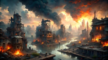 Apocalypse destroying city with fire and smoke rising from buildings
