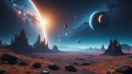 Title Majestic cosmic landscape with mountains, river, planets, stars, nebula, and glowing sky. Perfect for inspirational and surreal designs.