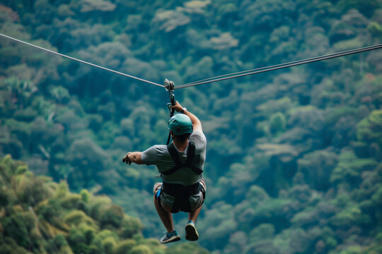 Man ziplining through lush forest canopy with safety gear and helmet. Adventure tourism, outdoor activity, thrill-seeking, nature exploration, eco-tourism.