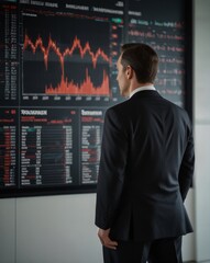 Fototapeta premium A man in a dark business suit stands with his back to us in a white hall. He is looking at a large information board