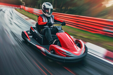 Go-kart driver racing at high speed on a track with red barriers and blurred background. Motorsports, go-kart racing, speed, adrenaline, outdoor activities, competitive sports.