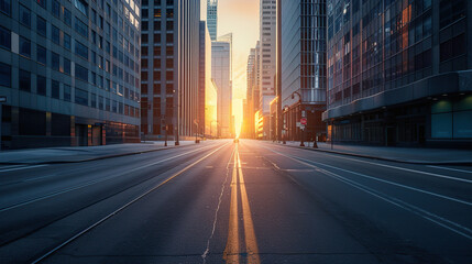 An empty street in the city center with tall buildings on both sides