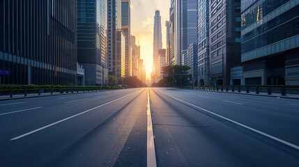 An empty street in the city center with tall buildings on both sides