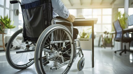Obraz premium Person in a wheelchair working at a desk in a bright, modern office. Employment and accessibility for disabled individuals.