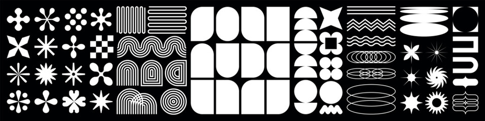 Abstract geometric black and white Y2K shapes and icons. Geometric pattern set element in mid-century minimal simple style. Brutal modern contemporary figure. Swiss design aesthetic Striking starburst