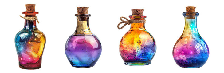 Colorful magic potion bottles with vibrant contents fantasy elixir transparent background
