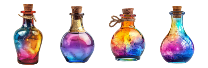 Colorful magic potion bottles with vibrant contents fantasy elixir transparent background