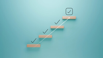 Wooden steps with check marks leading to a large check mark icon on a turquoise background,...