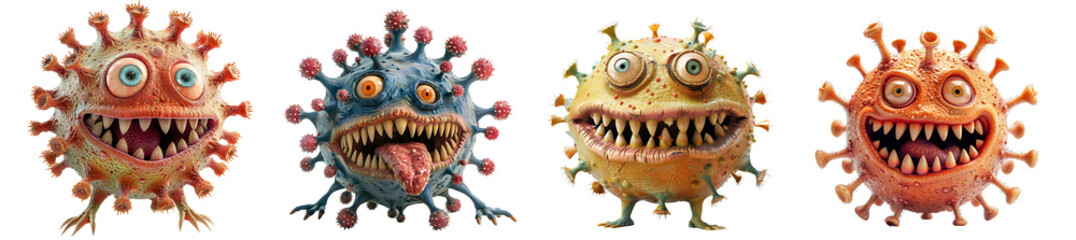 Fototapeta premium Colorful cartoon virus characters with expressive faces transparent background