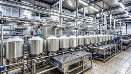 Modern milk production line processing milk in dairy factory