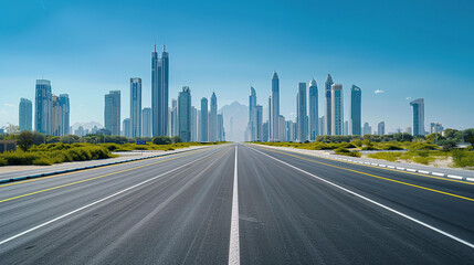 Fototapeta premium A wide highway leads to the city skyline