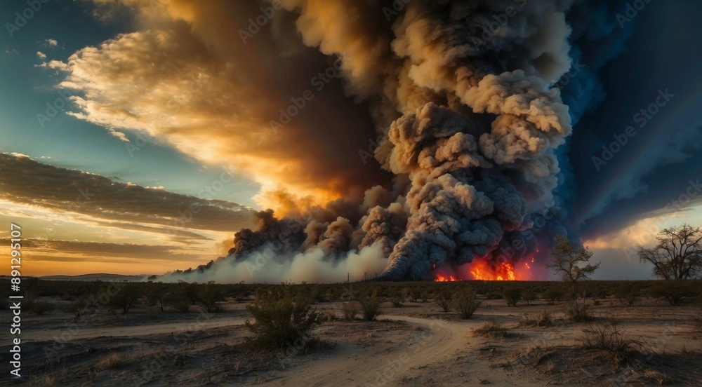 Sticker A large fire is burning in the desert. AI.