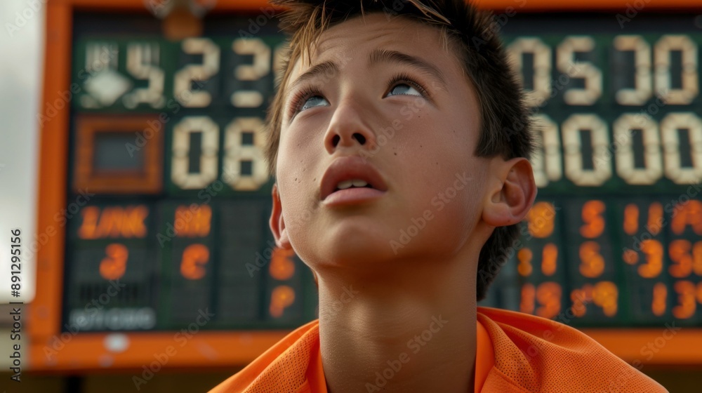 Poster A boy in orange shirt looking up at scoreboard with score. AI.