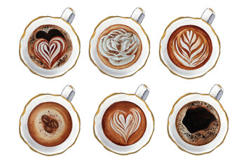 Top view of hot coffee cups. Cappuccino spiral heart foam. Watercolor  latte coffee art set. Hot coffee drinks illustration.
