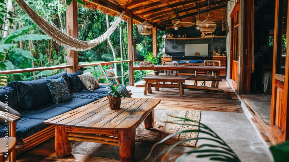 Canvas Prints A wooden deck with a hammock and couch on it. AI.