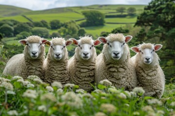 Fototapeta premium A group of fluffy white sheep with their heads up, looking at the camera