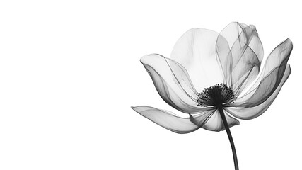 Black flower on a white background. Minimalistic black and white illustration with copy space.