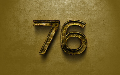 3D dark golden number design of 76 on cracked golden background.