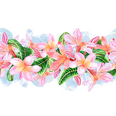 Tropical pink plumeria flowers with leaves.Seamless border pattern isolated on white background. Hand drawn watercolor illustration. For design, invitations, cards, decoration