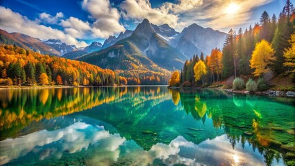 Fototapeta premium Autumn sun shining on mountain lake reflecting in tranquil water