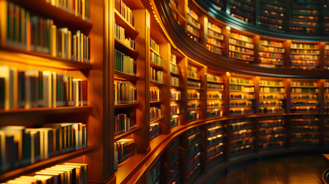 Warmly lit library shelves curve, library wall full of books, a modern twist on classic education and literature