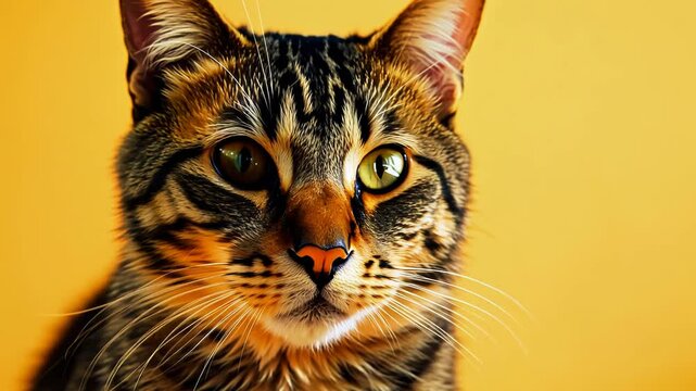 Close-up: Tabby cat's face against vibrant yellow backdrop. Piercing green-gold eyes gaze intently. Sharp focus reveals intricate fur patterns and whiskers.	