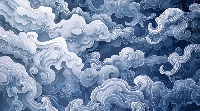 Digital painting of Thai cloud patterns with a low relief effect, combining traditional aesthetics with a modern artistic approach