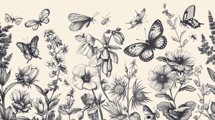 Elegant vintage tile design with line drawings of summer flowers and butterflies, emphasizing intricate details and a nostalgic feel