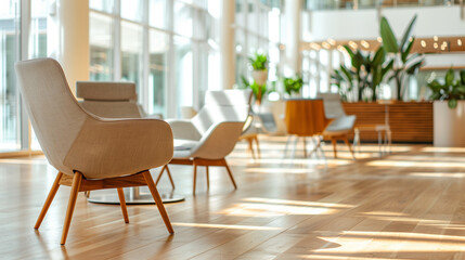 Fototapeta premium a modern open workspace featuring sleek wooden flooring, comfortable chairs, and abundant natural lighting with a blurred background, creating a warm and inviting office environmen