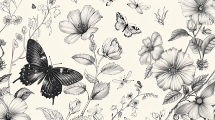 Detailed line drawings of summer flowers and butterflies in a vintage tile design, blending classic aesthetics with delicate patterns