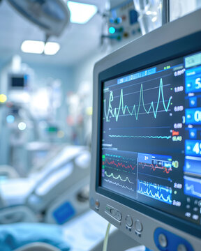 Hospital intensive care unit with patient monitoring screen displaying vital signs and data. Healthcare technology, patient care, medical equipment, hospital environment, critical care.