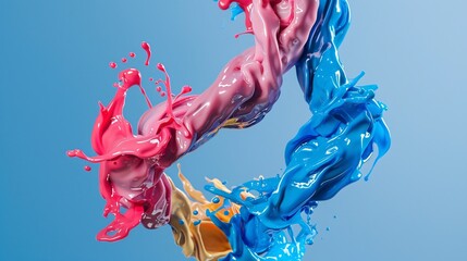 Obraz premium 3D render of colorful paint being poured over each other, forming two intertwined colors on a solid background, splashy and dynamic, hyper-realistic with high resolution, octane rendering
