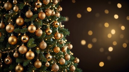 A Christmas tree decorated with golden ornaments and twinkling lights