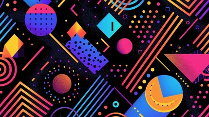 A lively visual pattern of geometric shapes in neon colors such as purple, blue, orange, pink, and yellow green, set against a black backdrop, creating an energetic '80s futuristic atmosphere