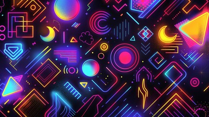 A lively visual pattern of geometric shapes in neon colors such as purple, blue, orange, pink, and yellow green, set against a black backdrop, creating an energetic '80s futuristic atmosphere