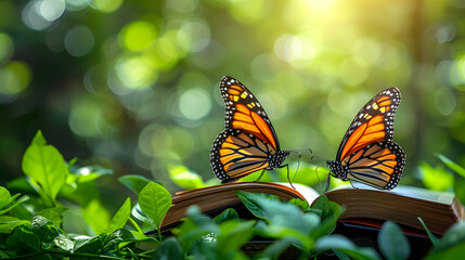 The Book of Nature. Horizontal banner with open book and two monarch butterflies on wooden table.