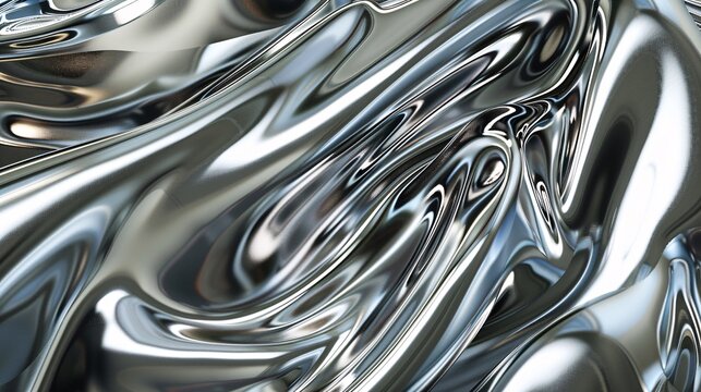 An abstract chrome texture with swirling patterns and reflective highlights, capturing the essence of sleek, shiny metal surfaces in a visually appealing composition