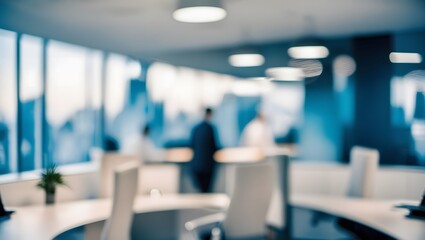 Fototapeta premium Blurred modern office background with sleek furniture and soft lighting, creating a sophisticated and professional workspace. Business environment concept