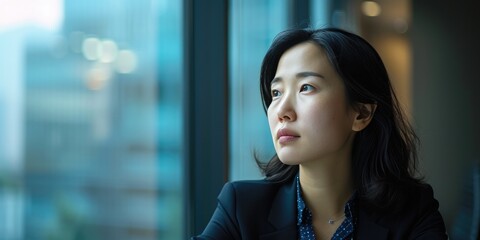 Naklejka premium Executive Woman Observing Cityscape Through Window