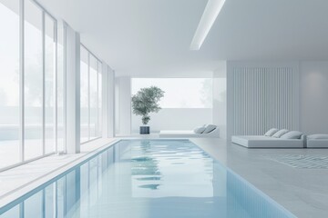 Fototapeta premium Modern minimalist white home interior with indoor swimming pool