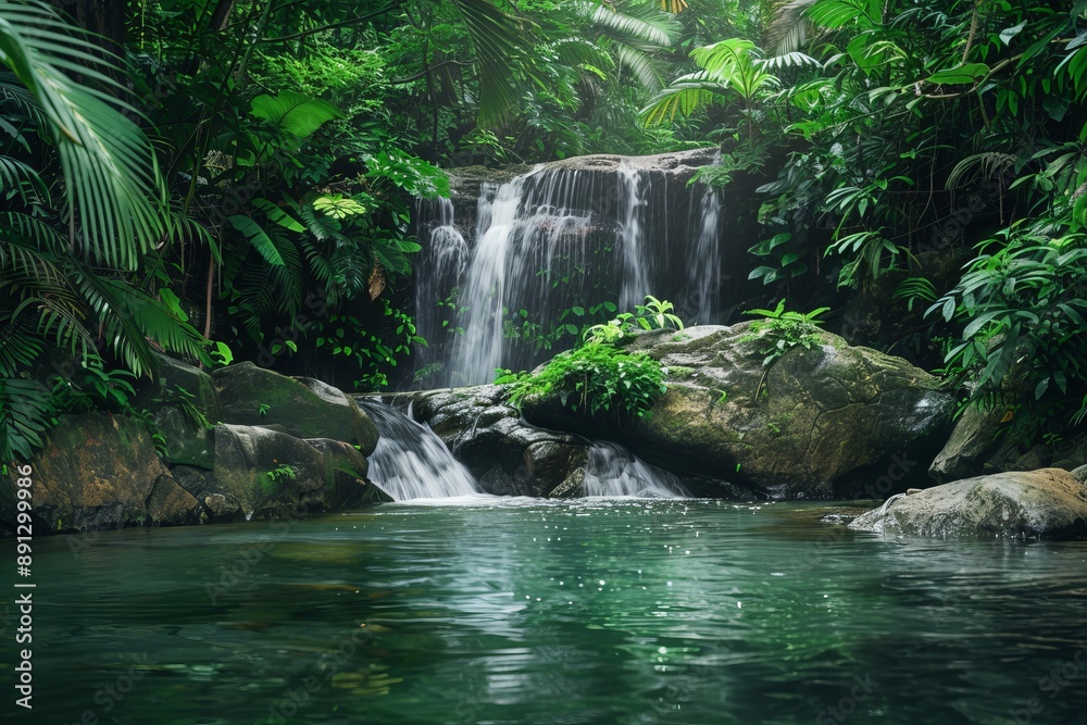 Poster waterfall cascading into a rocky pool in a tropical rainforest